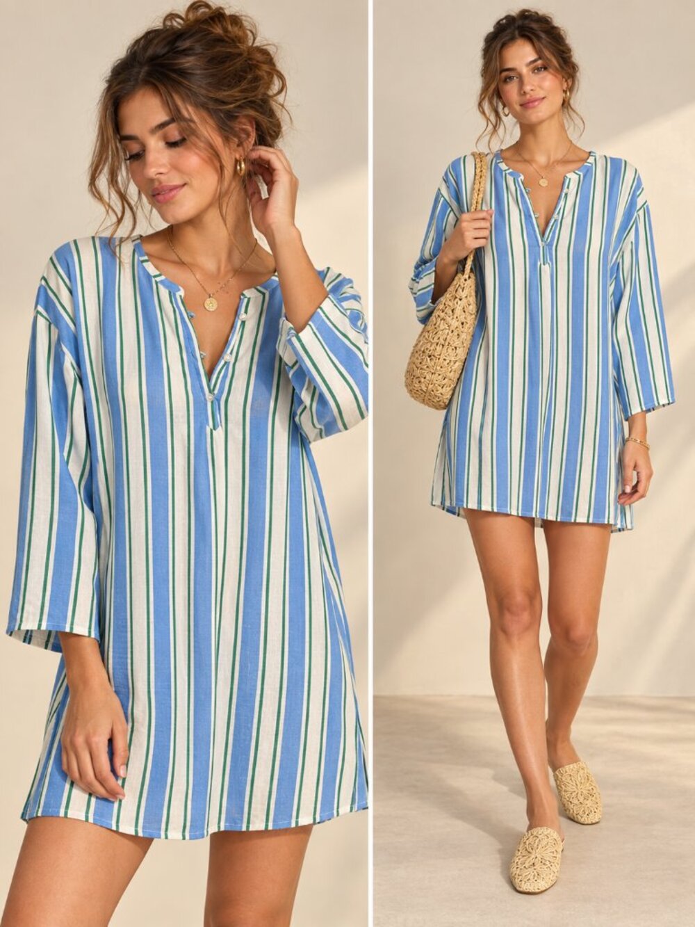 Solid & Striped Blue Green Striped Linen Blend Tunic Dress Cover Up XS NWT